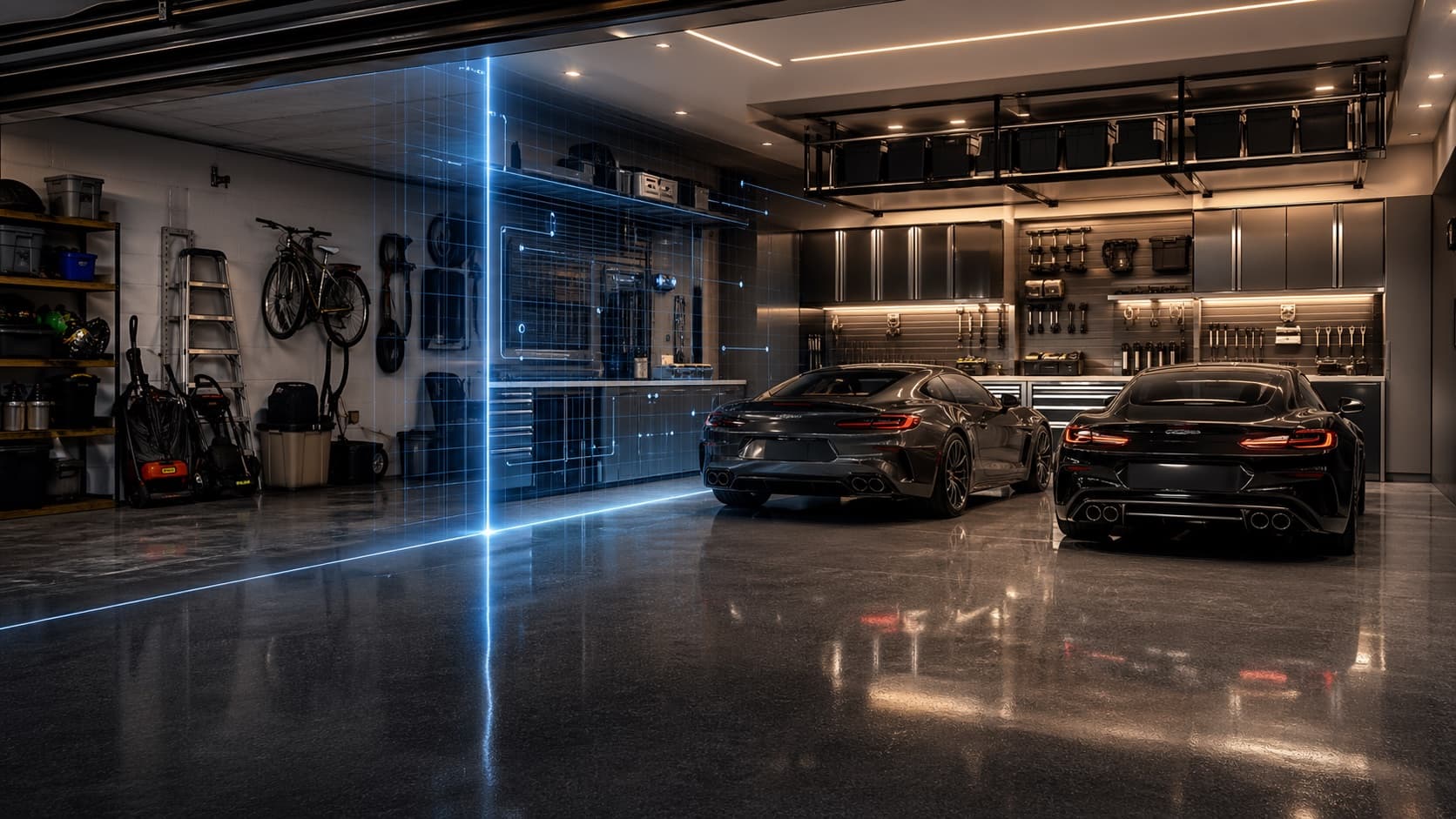 Generated concept image of a premium garage being scanned into an organized showroom.