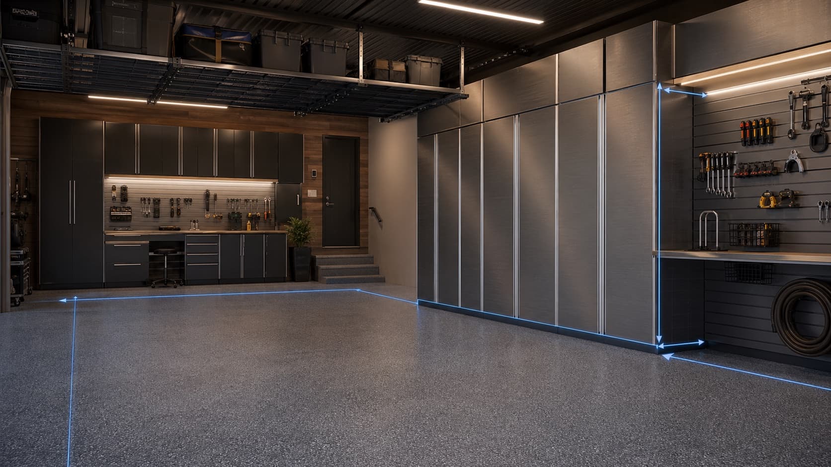 Generated concept image showing a premium organized garage system with floor coating, cabinets, wall organization, and overhead storage.